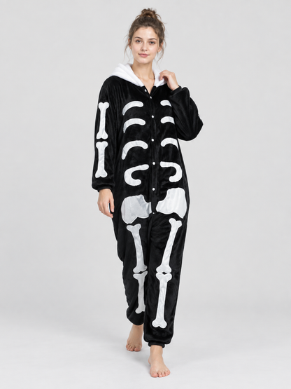 Pajama Jumpsuit with White Hood and Bone Print