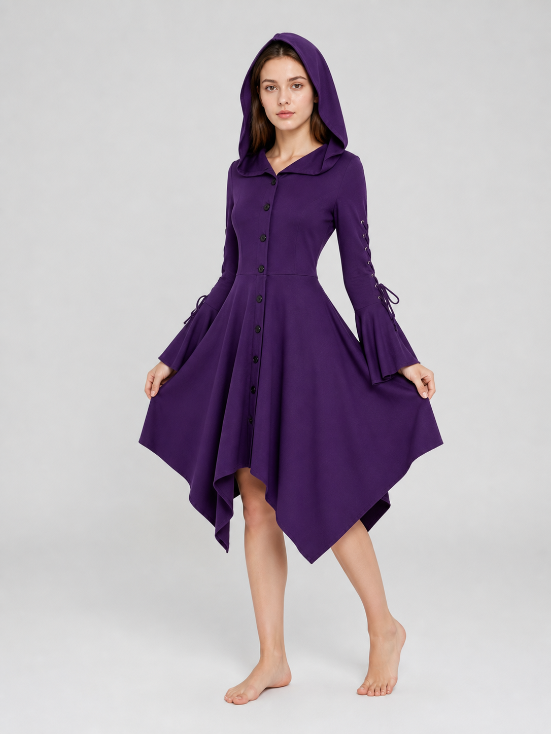 Gothic Hooded Dress with Flare and Asymmetry