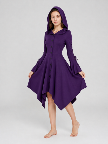 Gothic Hooded Dress with Flare and Asymmetry