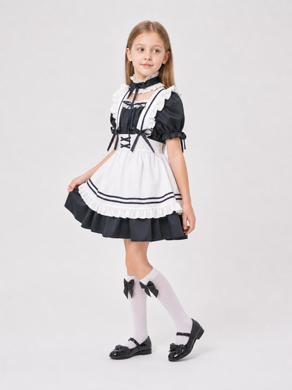 Black-and-White Maid-Style Dress with Ruffles and Bows