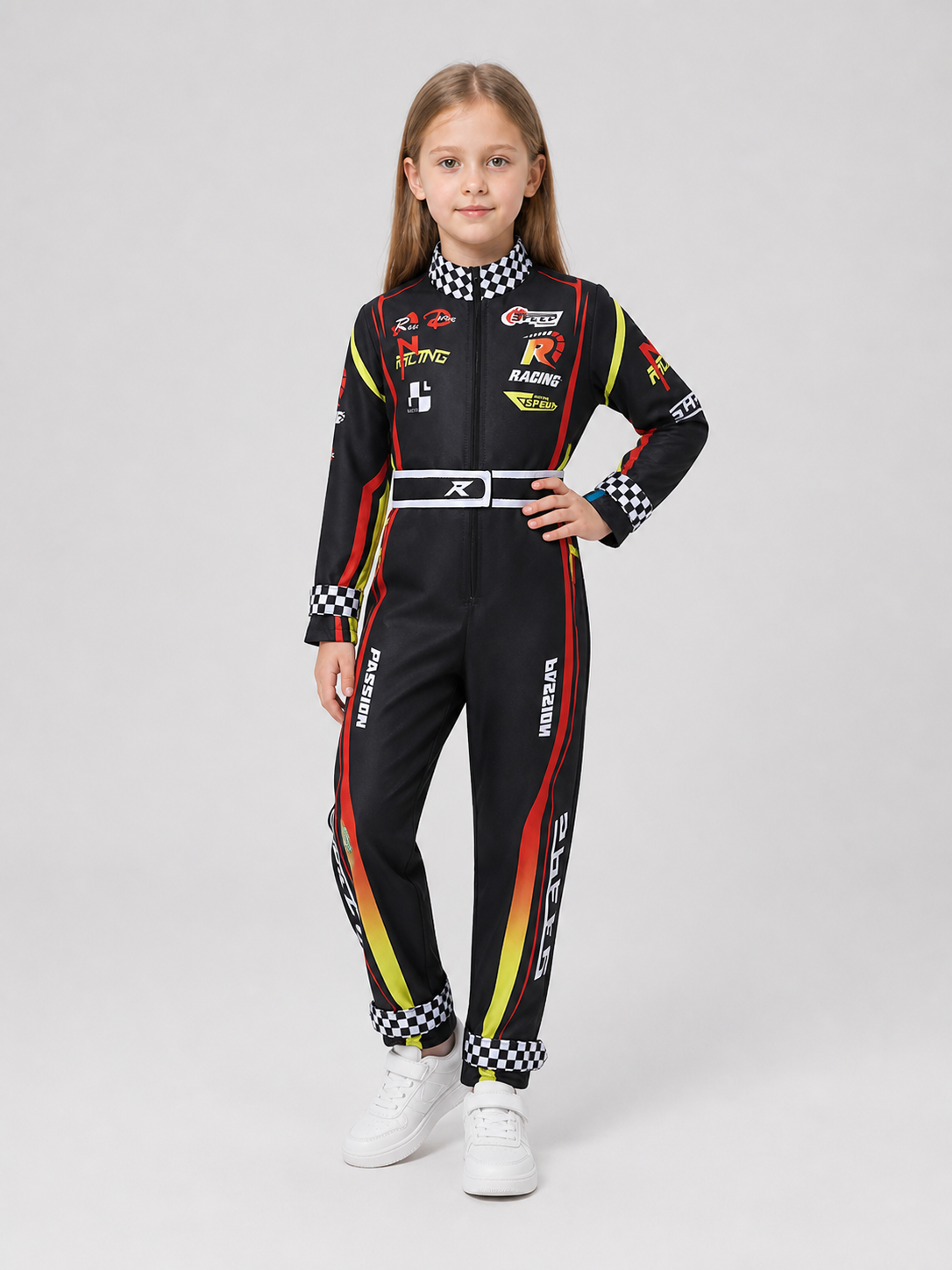 Children’s Summer Racing Jumpsuit with Stripes and Checkerboard Pattern