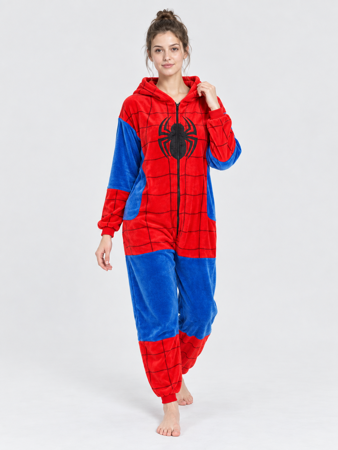 Hooded Jumpsuit Pajama in Red and Blue Colorway