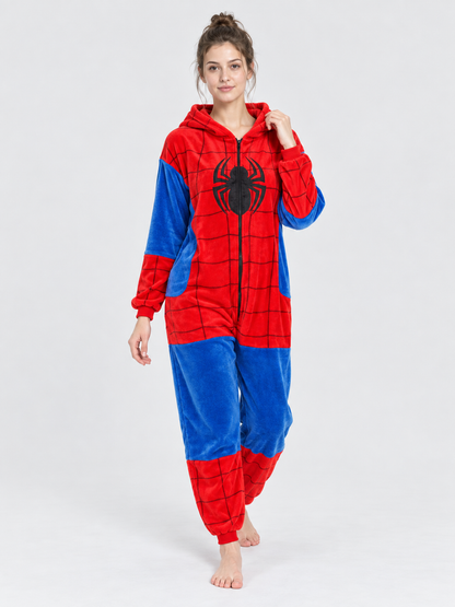 Hooded Jumpsuit Pajama in Red and Blue Colorway