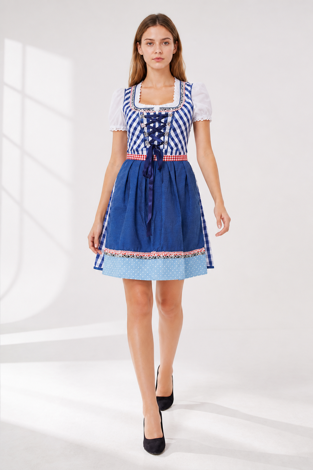 Folk-Style Plaid and Polka Dot Dress with Bow Costume Dresses detail 2