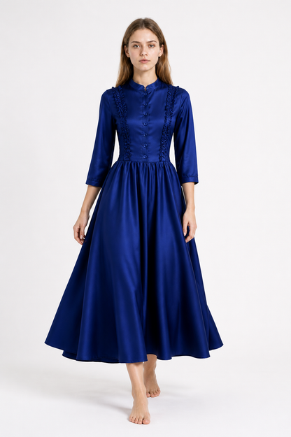 Vintage Blue Dress with High Collar and Buttons Costume Dresses detail