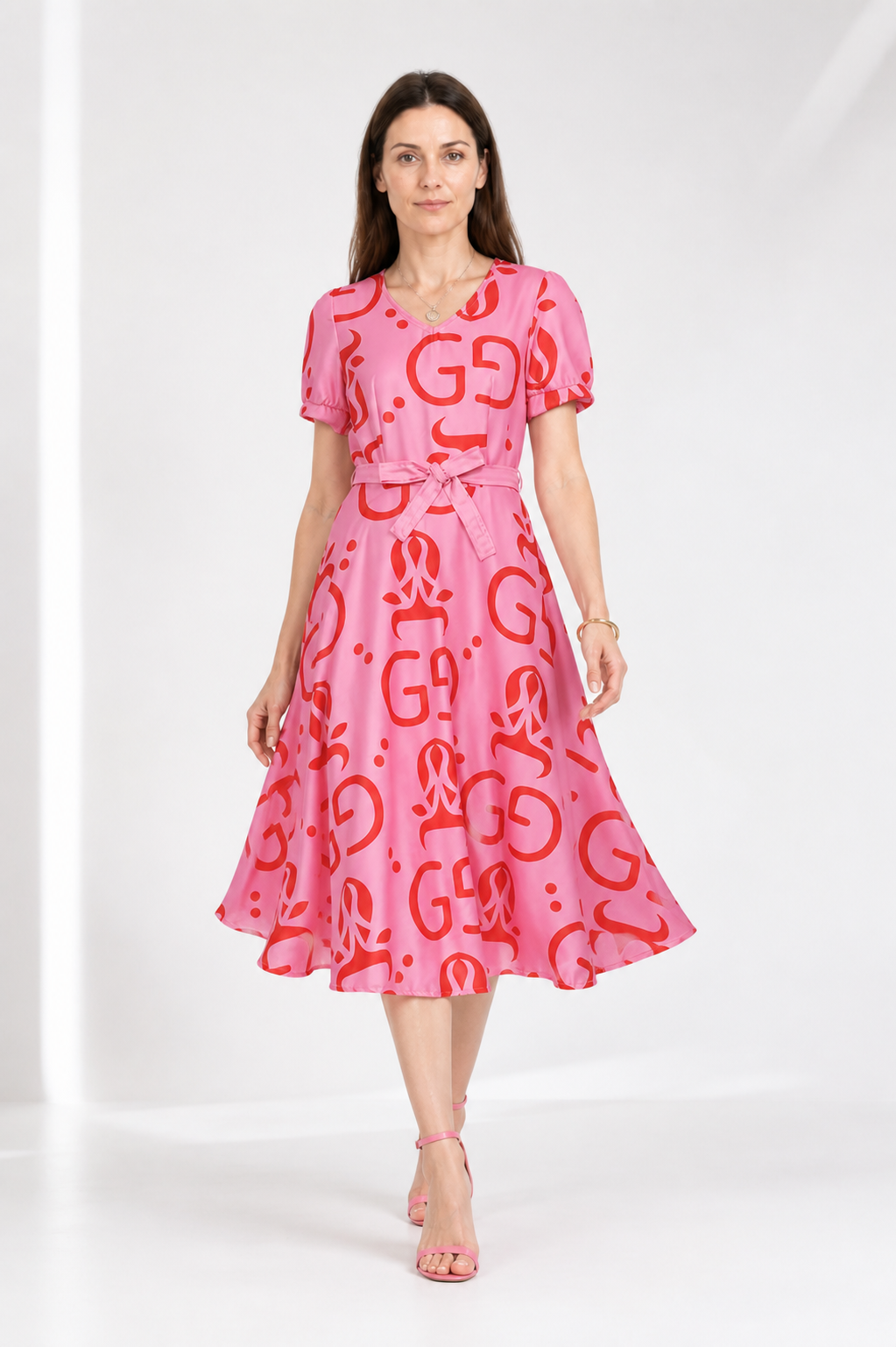 Pink cosplay dress with red print and accessories Costume Dresses detail 2
