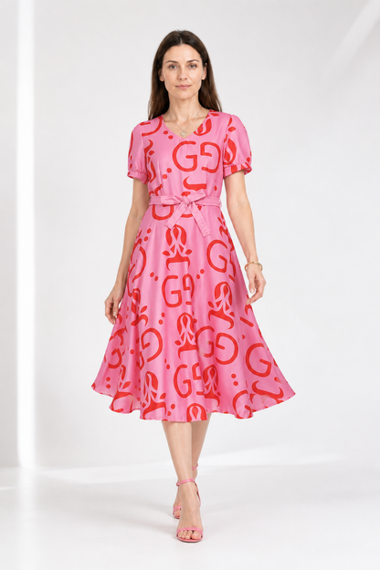 Pink cosplay dress with red print and accessories Costume Dresses detail 2