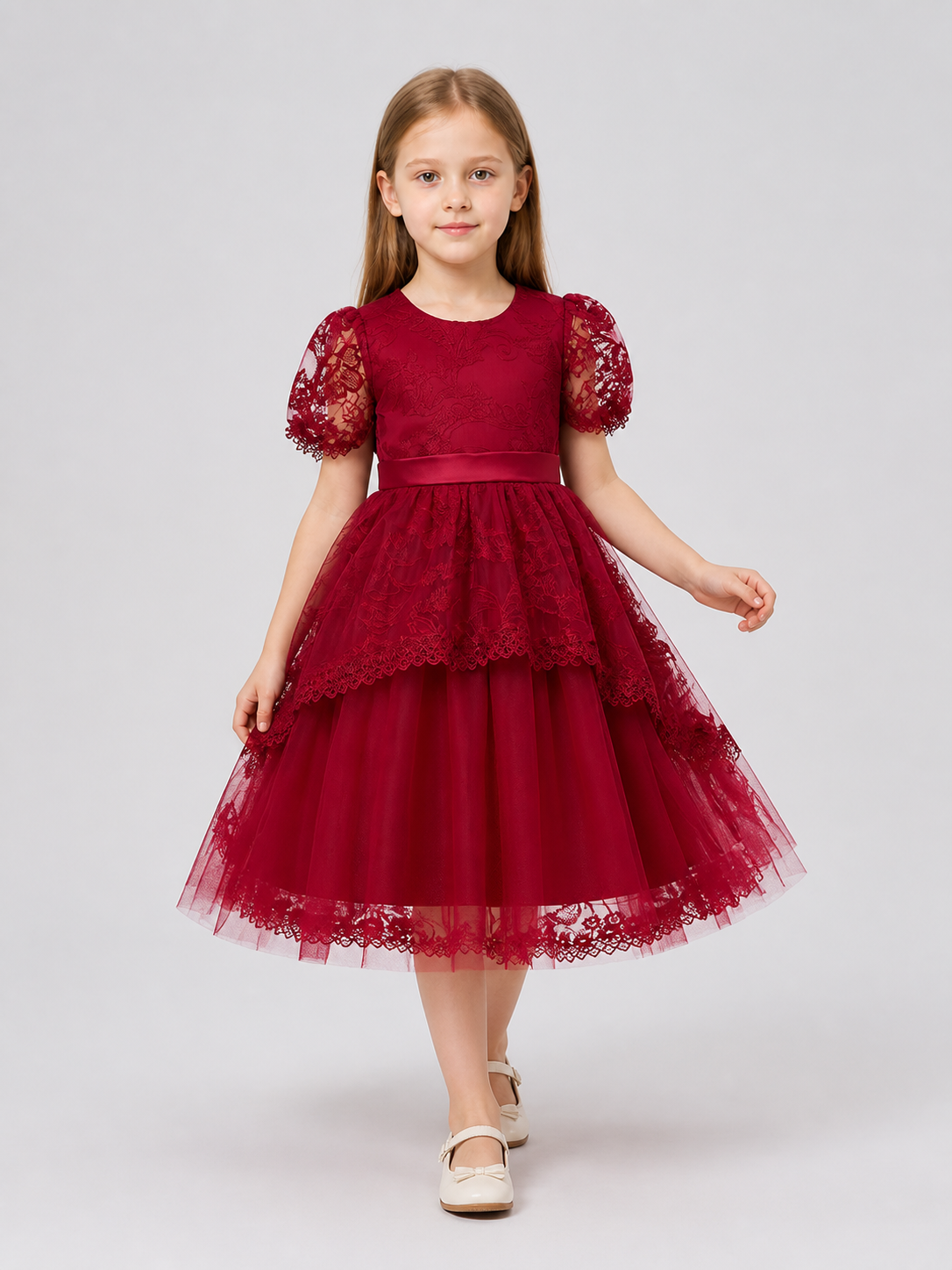 Burgundy Princess Dress for Girls with Lace and Bow