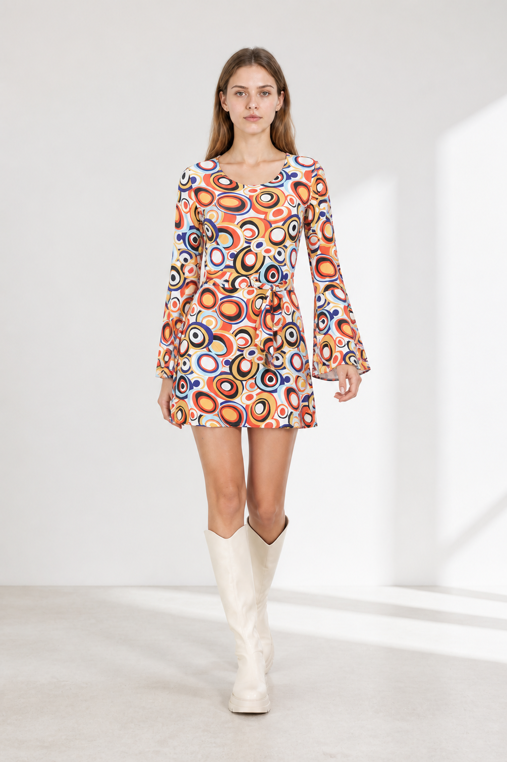 Short Dress with Geometric Print and Flared Sleeves Costume Dresses detail 2
