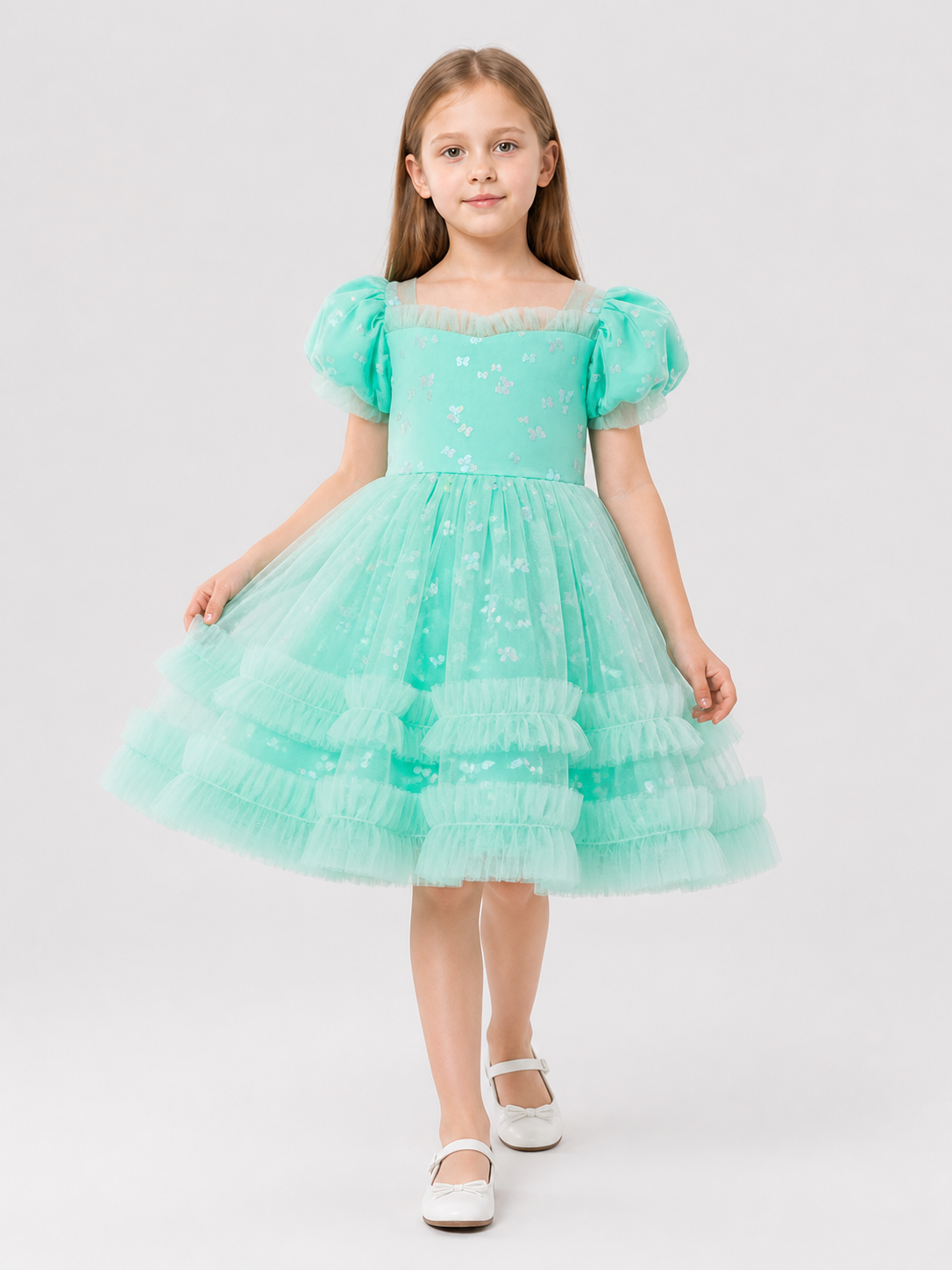 Children's Dressy Dress with Full Skirt, Mint Costume Dresses detail 2