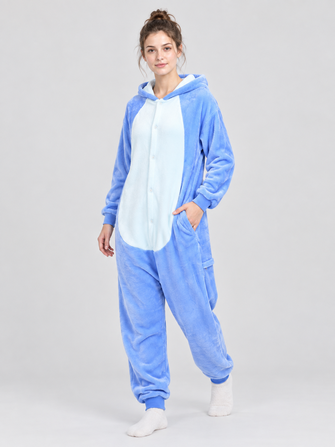 Blue hooded pajama jumpsuit with snap buttons