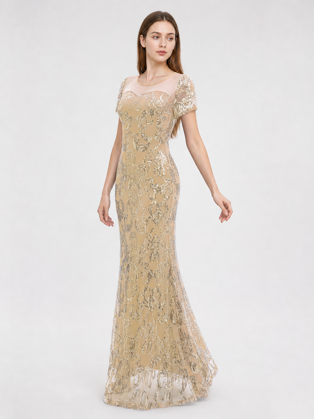 Long Evening Dress with Sequins and Pattern