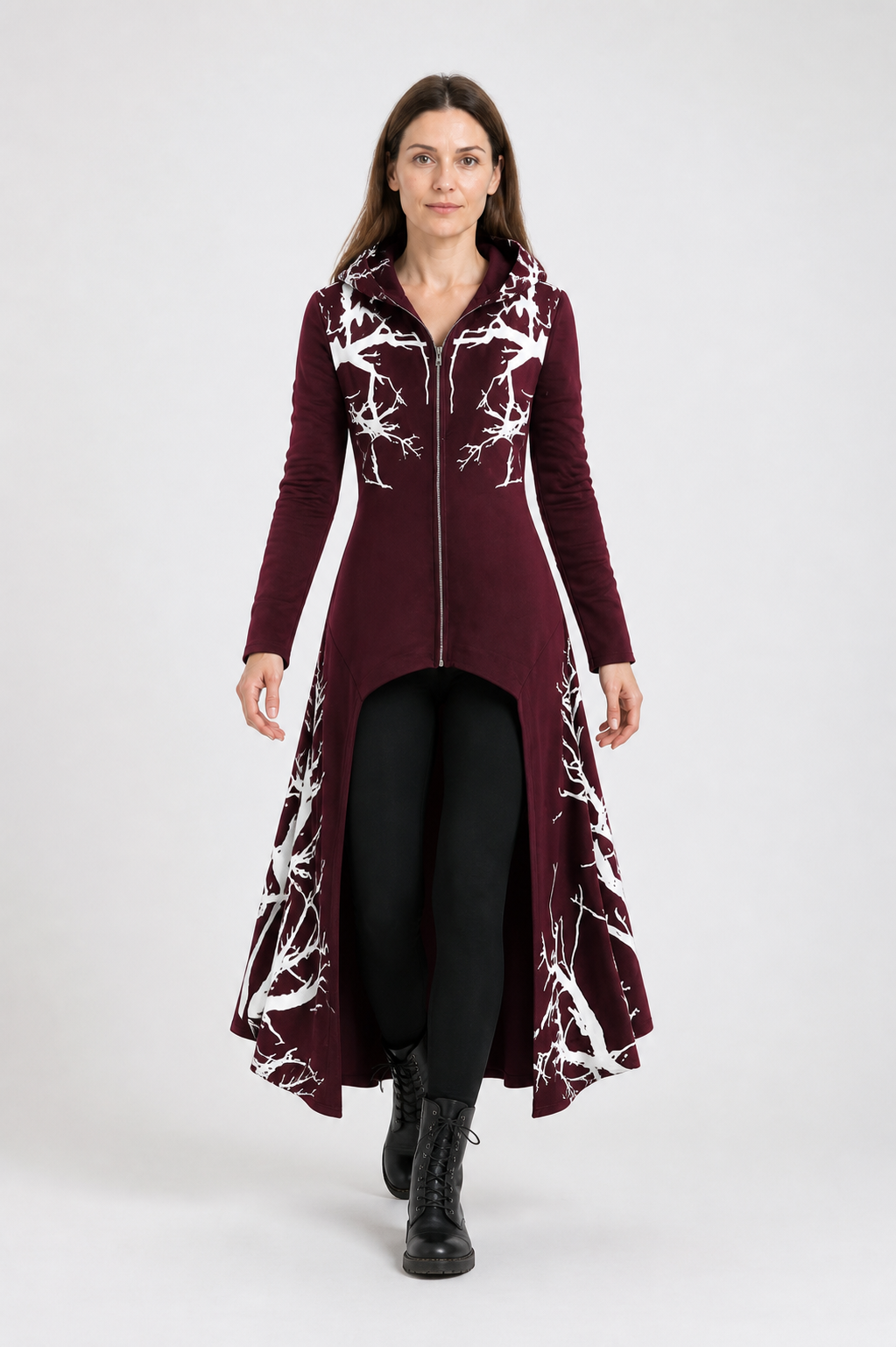 Wine-Colored Hooded Cloak with Branch Print for Halloween Costume Capes detail 2