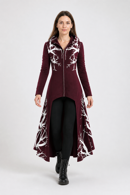 Wine-Colored Hooded Cloak with Branch Print for Halloween Costume Capes detail 2