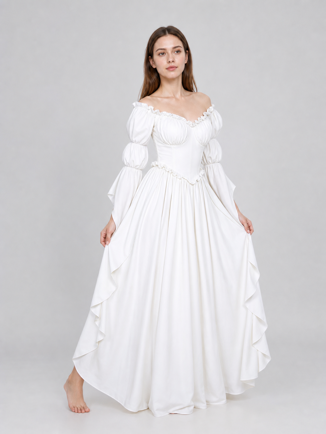 White Vintage-Style Dress with Puff Sleeves