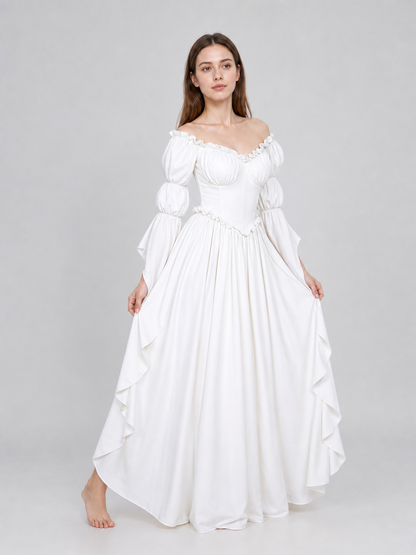 White Vintage-Style Dress with Puff Sleeves