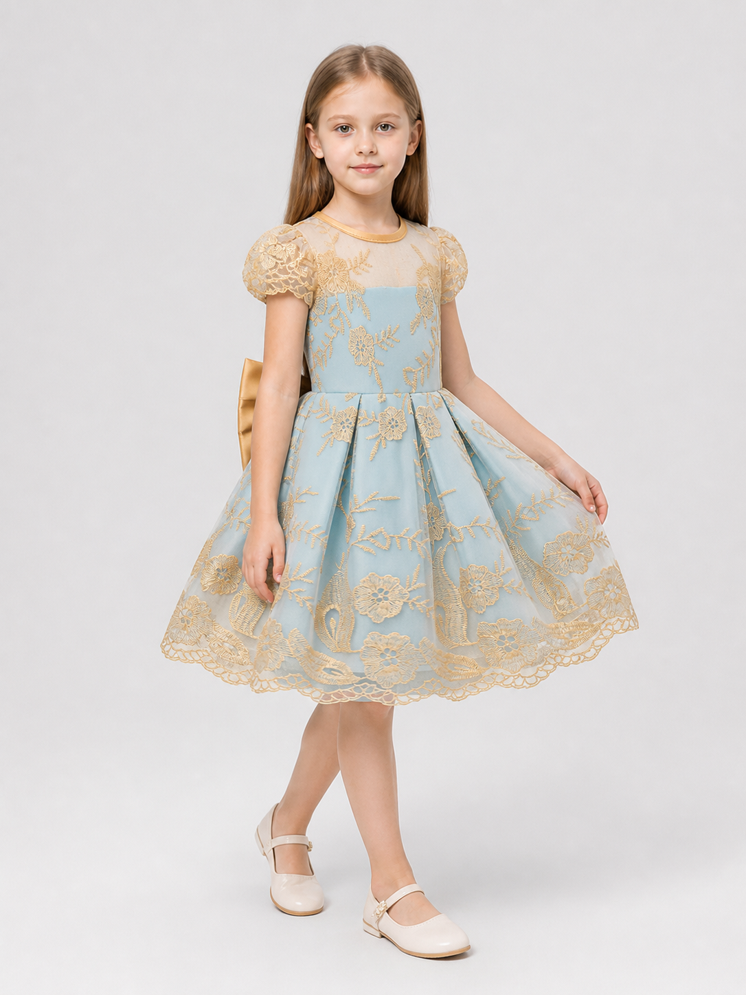 Children's Party Dress with Gold Embroidery and Bow