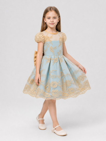 Children's Party Dress with Gold Embroidery and Bow