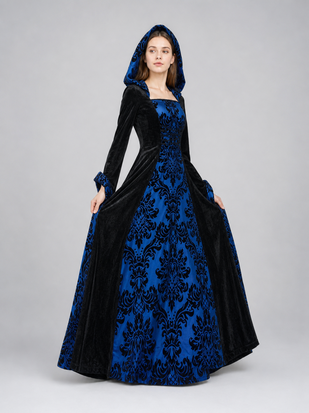 Gothic Hooded Dress with Damask Pattern