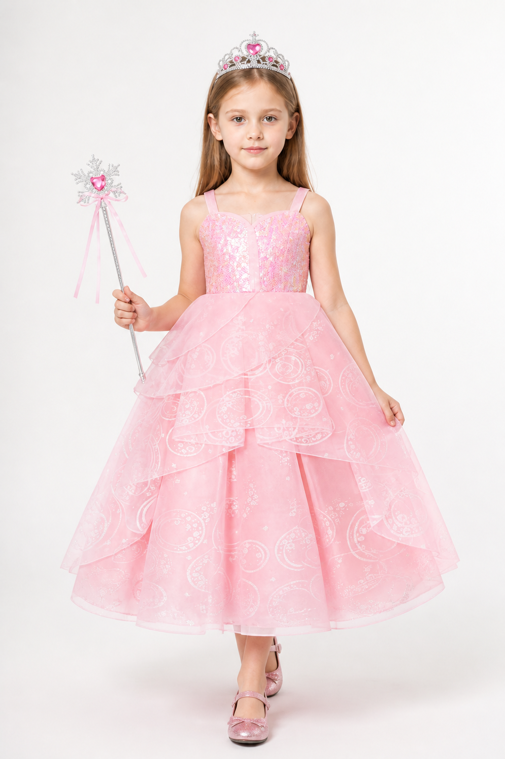 Pink Children's Halloween Costume with Crown and Wand Costume Headwear detail 2