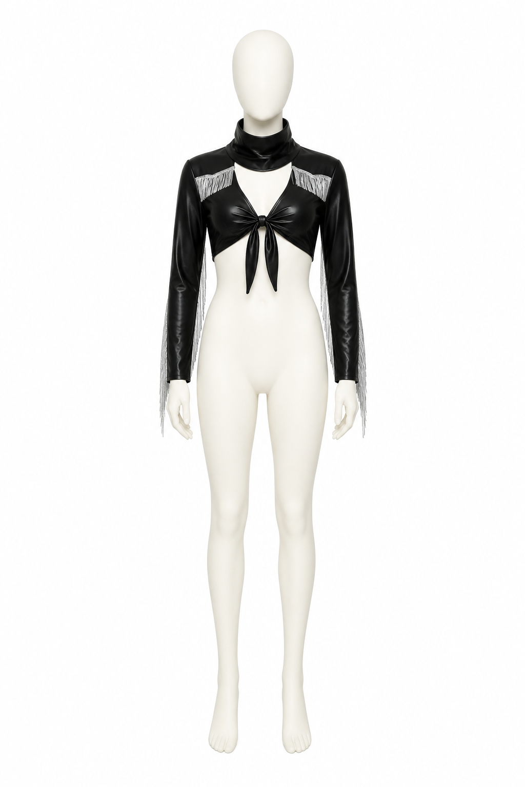 Cropped Black Jacket with Fringe and Lace-Up Front