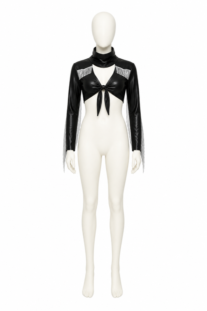 Cropped Black Jacket with Fringe and Lace-Up Front