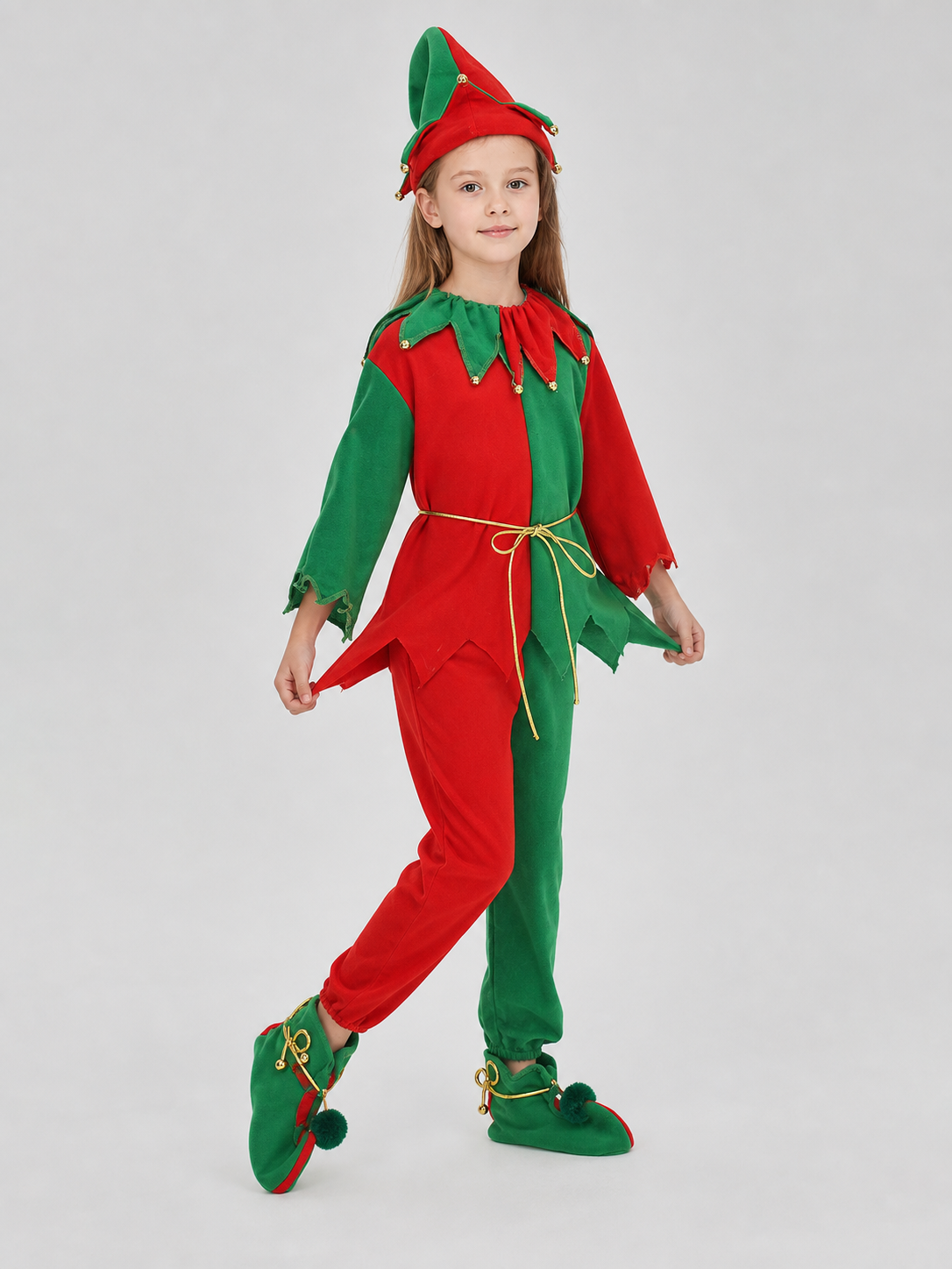Children’s Christmas elf costume in festive red and green with gold and yellow