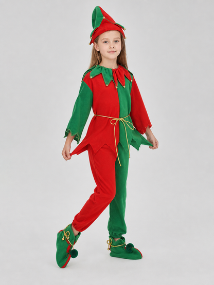 Children’s Christmas elf costume in festive red and green with gold and yellow
