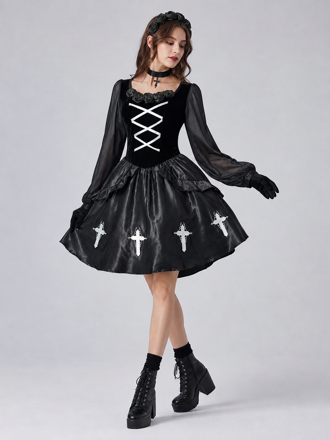 Gothic Dress with Gloves, Collar, and Headband