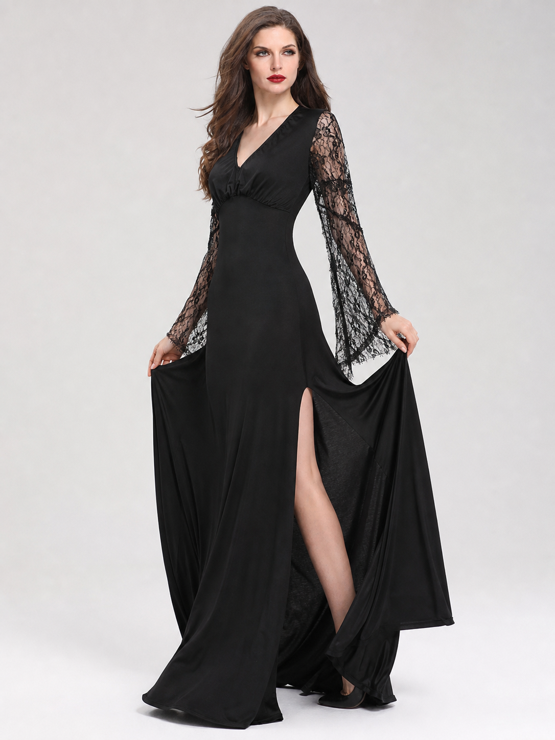 Black Long Dress with Lace Sleeves