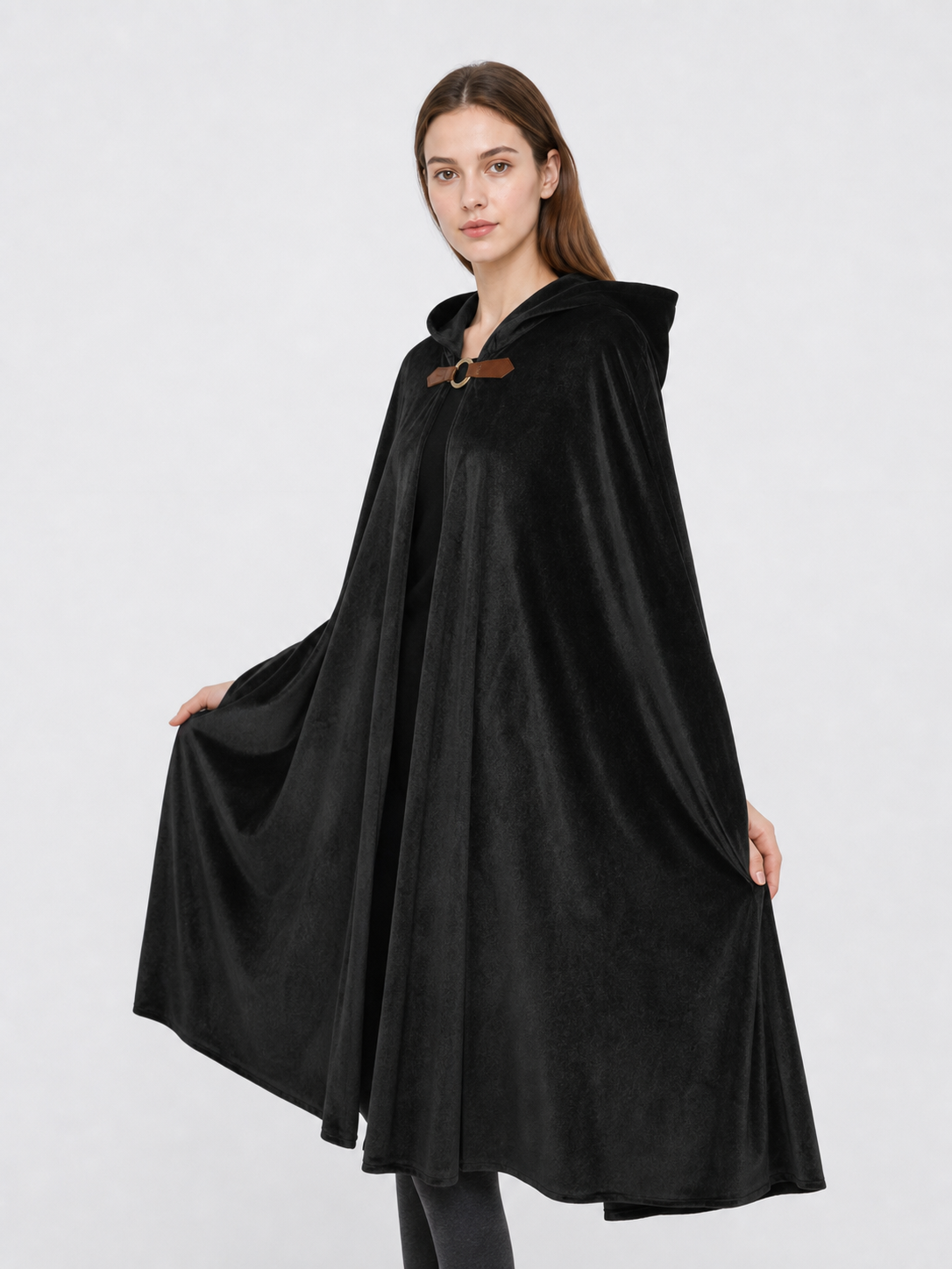 Medieval Warrior Halloween Hooded Cape Costume, 1-Piece Long Black Cloak With Brown Neck Buckle For Cosplay Performance