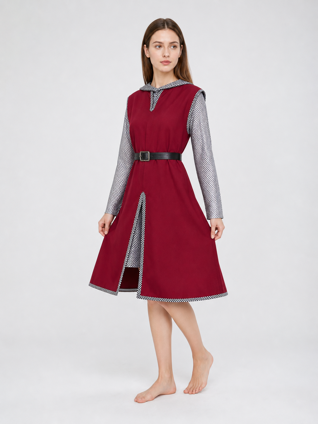 Halloween Medieval Knight Cosplay Costume Set, 3-Piece Burgundy Sleeveless Robe, Silver Chainmail Top And Black Belt For Role Play