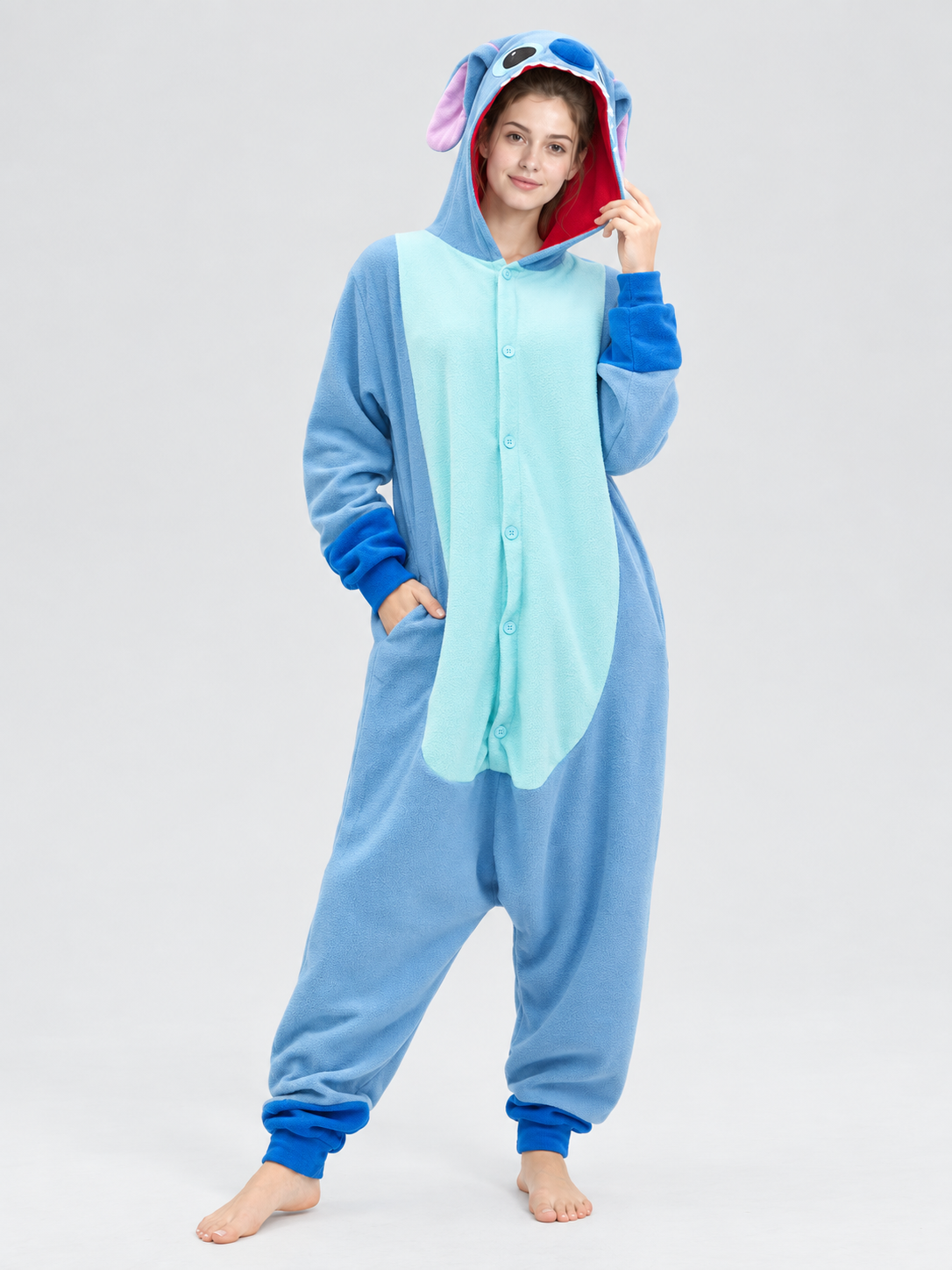 Fleece jumpsuit pajama with hood, face, and ears