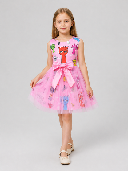 Girls' Puffy Tutu Dress with Cartoon Print and Pink Bow Costume Dresses detail