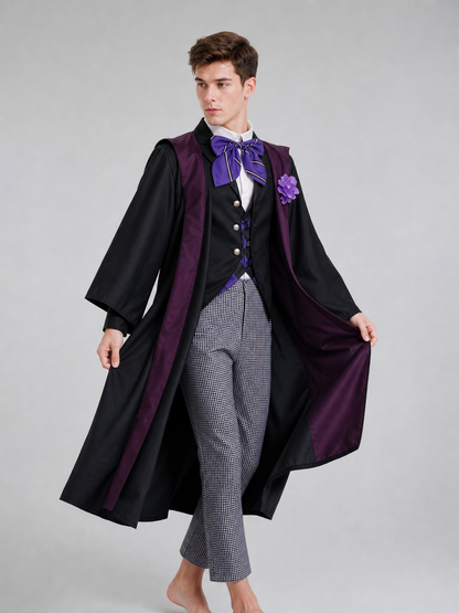 The set is styled after the character Gregory Violet and includes a jacket, vest, shirt, pants, bow tie, and lapel brooch. The look is built around layering: a black vest and black jacket are worn over a white shirt, complemented by an uppe