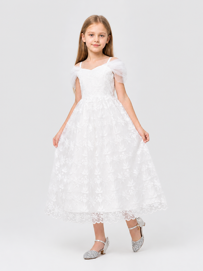 Fluffy White Princess Dress with Lace and Embroidery Costume Dresses detail 2