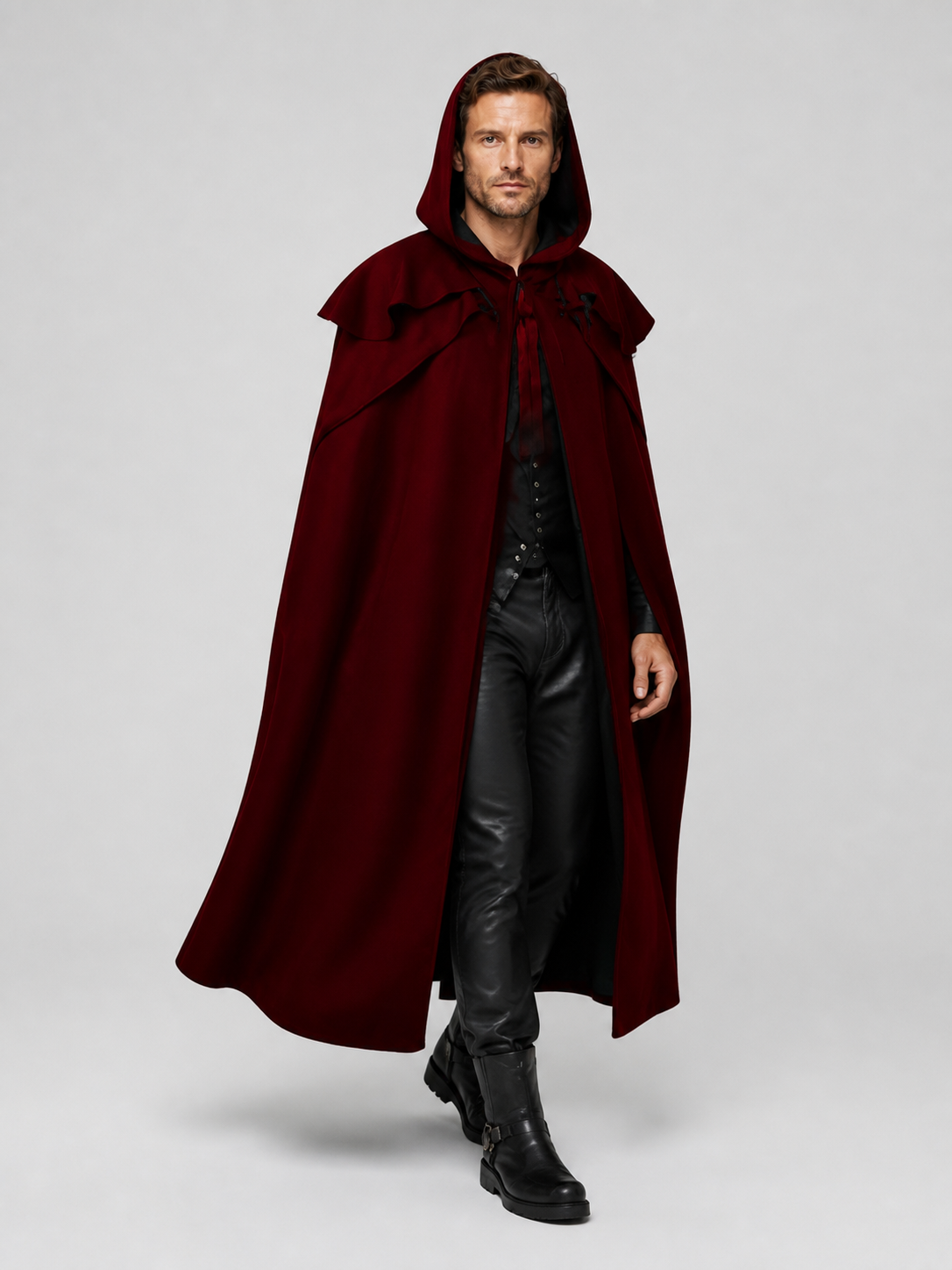 Dark Red Hooded Vampire Cloak for Halloween Costume Capes detail 2