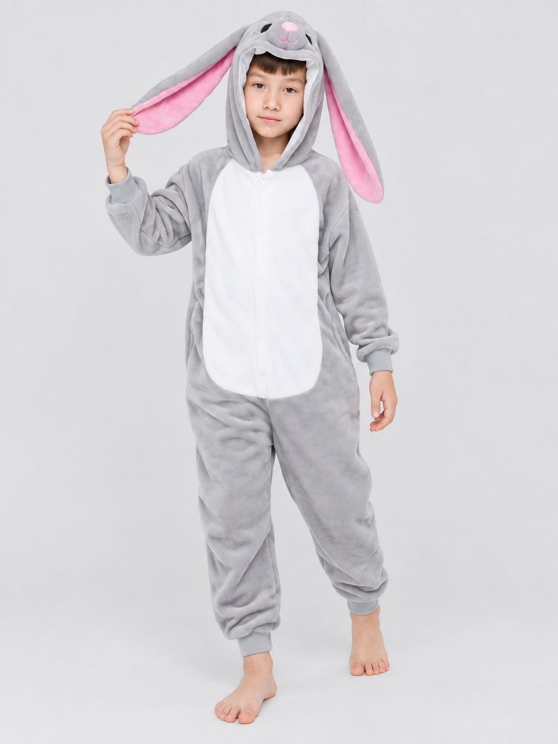 Gray and white hooded pajama jumpsuit with rabbit ears