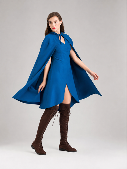 Vampire Costume with a Long Blue Dress and Cape