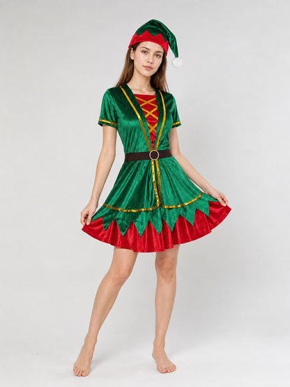Christmas Elf Costume: Top, Skirt, Hat, and Belt
