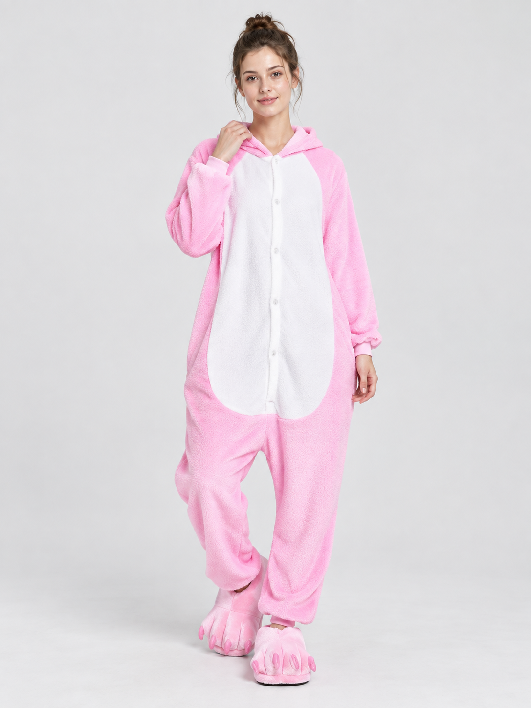 Flannel Pink Kigurumi Pajama with White Insert