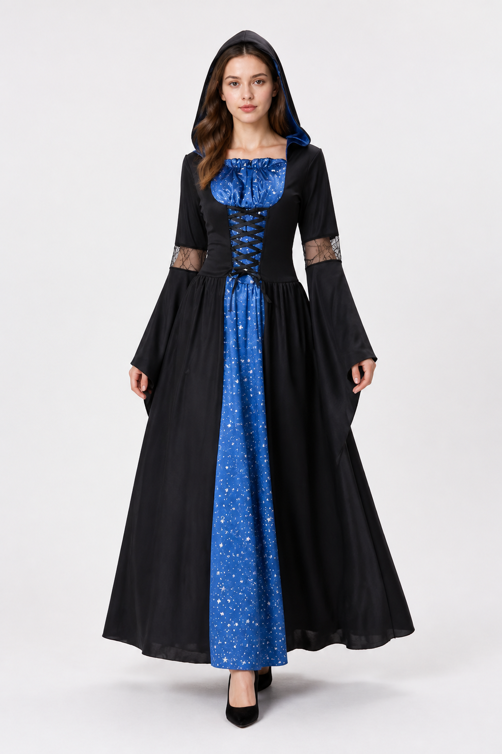Long Hooded Dress with Stars and Crisscross Lacing