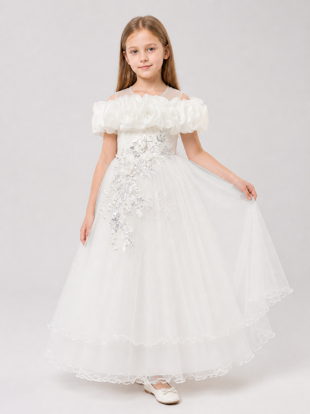 White Princess Dress, Full One-Shoulder Style with Ruffles Costume Dresses detail 2