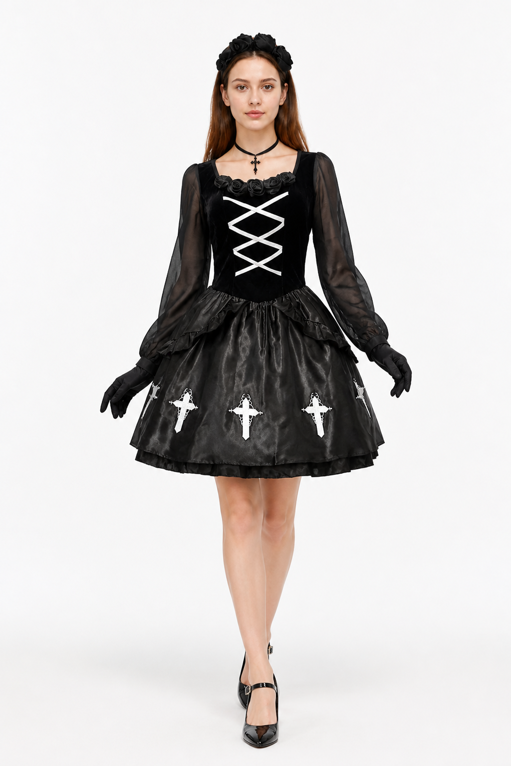 Gothic Halloween Dress with White Crosses and Gloves Costume Dresses detail 2