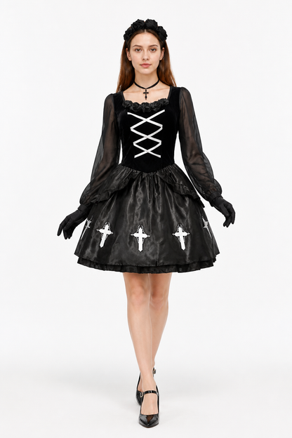 Gothic Halloween Dress with White Crosses and Gloves Costume Dresses detail 2