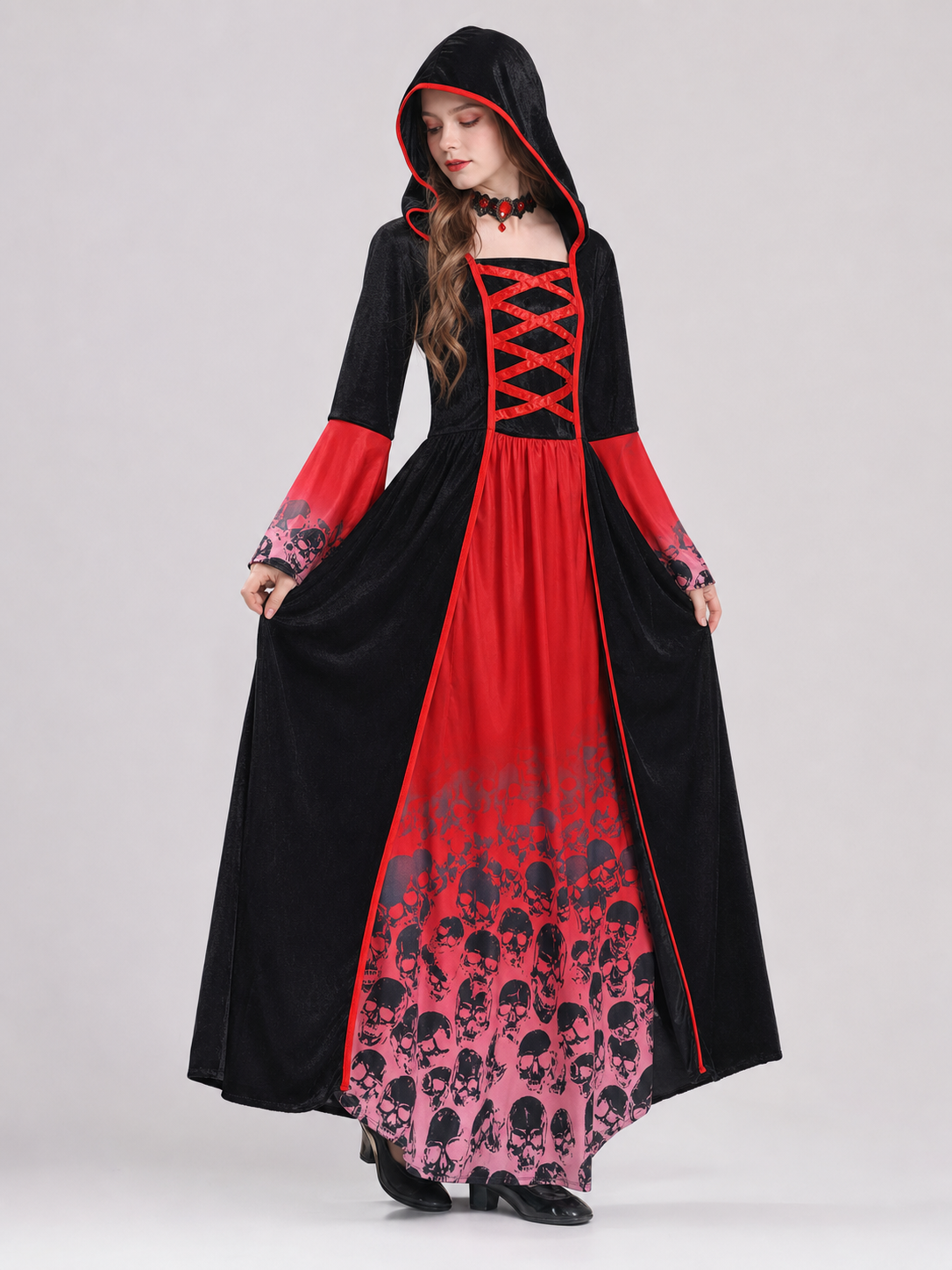 Gothic Hooded Dress, Black and Red Print