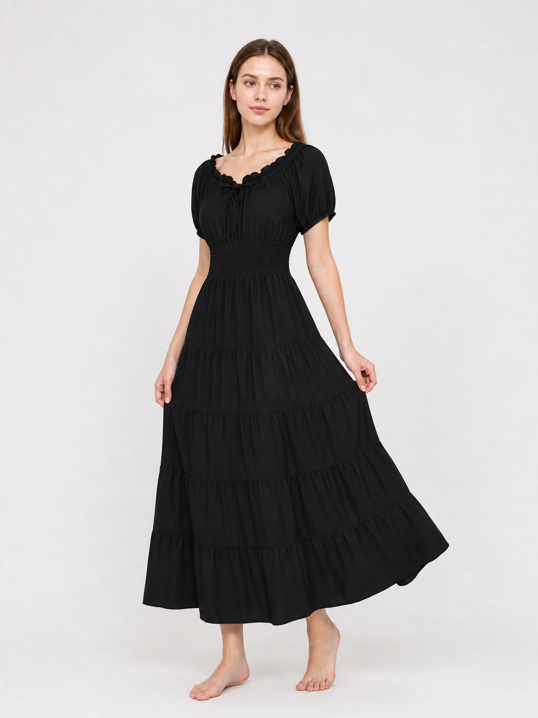 Black Tiered Maxi Dress with Ruching