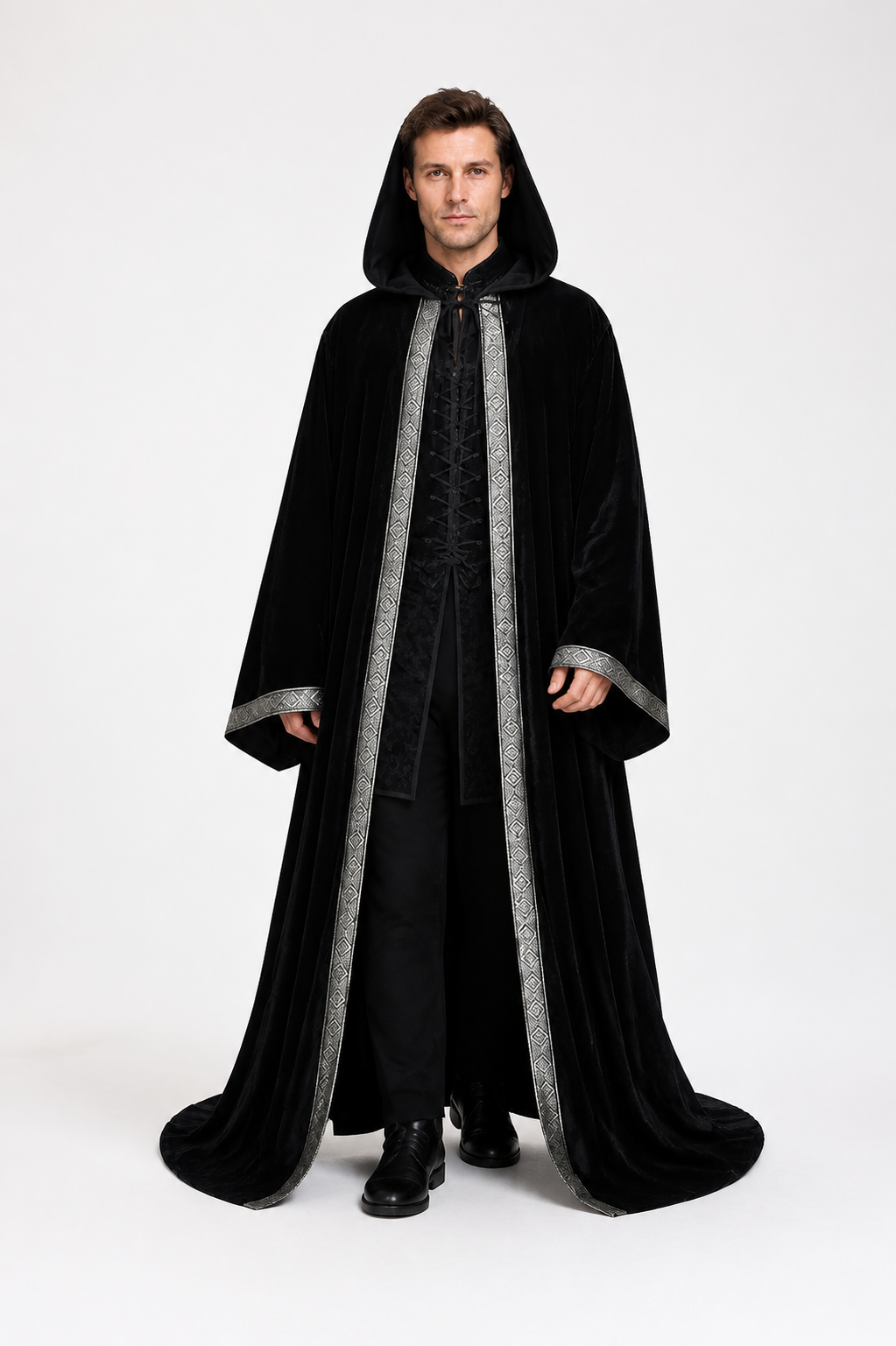 Black Hooded Cloak with Silver Trim, Godfather Death Cosplay Costume Capes detail 2
