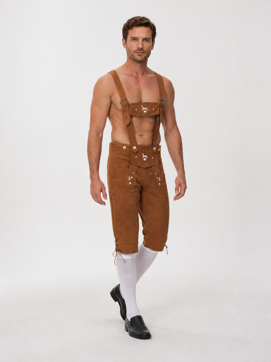 Bavarian-Style Embroidered Suspender Pants on-model alternate view