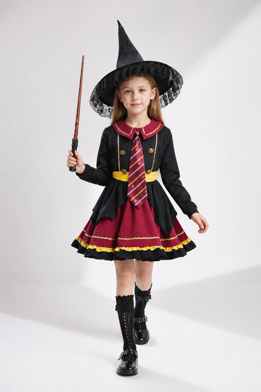 Witch Costume with Layered Dress and Lace Hat